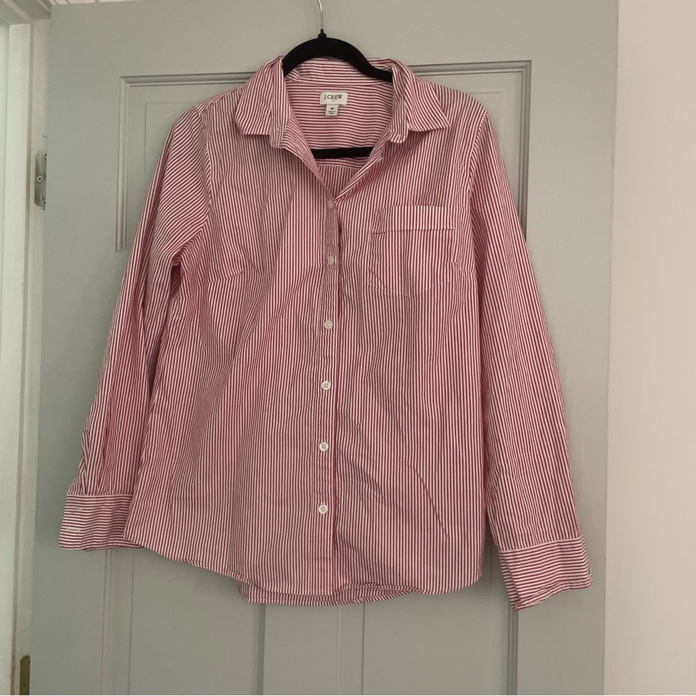 J. Crew Red and White Striped Cotton Button-Down Shirt